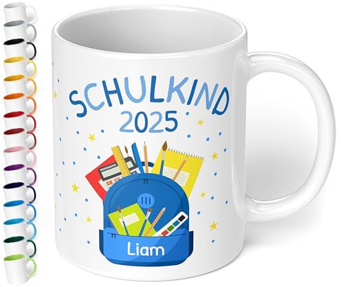 Geschenk zur Einschulung Tasse „Schulkind 2025“ für Jungen - personalisiert mit Namen Erstklässler Schüler 1. Klasse - Rucksack Blau - Keramiktasse, 330ml, Weiß