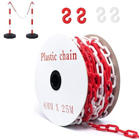 25m Absperrkette Rot Weiß Kunststoff, Absperrkette Warnkette Plastikkette 6mm, Sicherheits-Warnkette aus Kunststoff Absperrkette für die Baustelle, Parkplatz und Auftragspflege