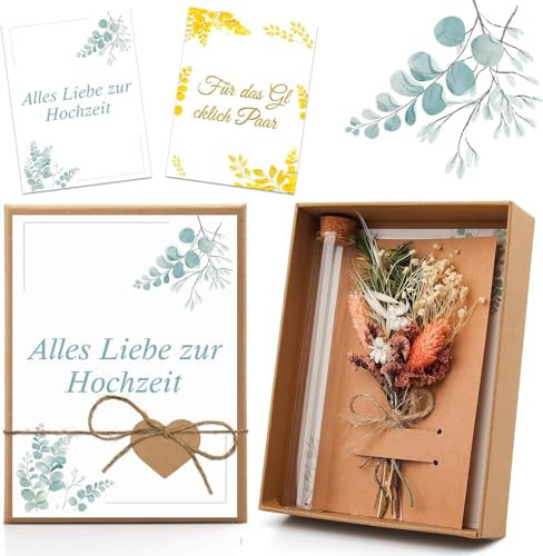 Geldgeschenke Hochzeit Verpackungen, Geldgeschenk für Hochzeit, inkl. Trockenblumen Grußkarte Geschenkbox Hanfseil Reagenzgläser Kraftpapier Anhänger Herz, HochzeitGeldgeschenk für Brautpaar (NP17)