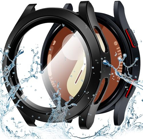 Kamita Wasserdicht Hülle Kompatibel mit Samsung Galaxy Watch 7 44mm, Härte PC Bumper Case mit Displayschutz aus Gehärtetem Glas, Stoßfest Voller Körper Schutzhülle Gehäuse für Samsung Watch7(Schwarz)