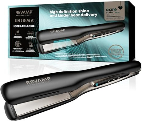 REVAMP Enigma Radiance Ionic Wide Hair Straightener - Extra-Wide Plate Straighteners for One Stroke Styling, Curved Design for Lasting Waves, Curls - Salon Professional Ceramic Hair Straightener
