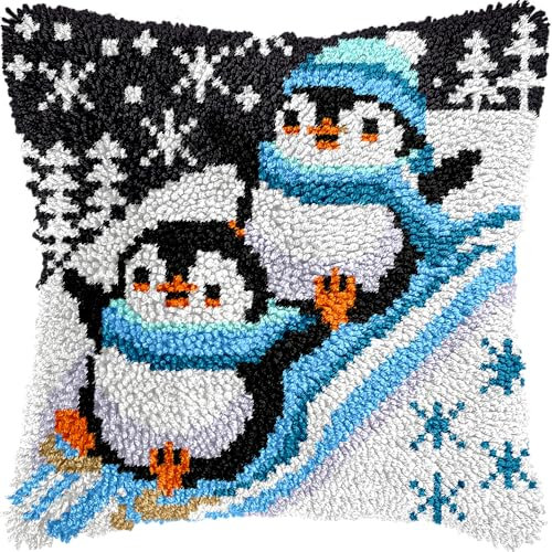 Skiing Penguins Christmas Latch Hook Kits for Adults Kids, Beginners Cute Aniamls Winter Latch Hook Pillow Kit Pre-Printed Latch Hook Rug Kits Cross-stitch Cushion for Home Sofa Decor 17x17 in.