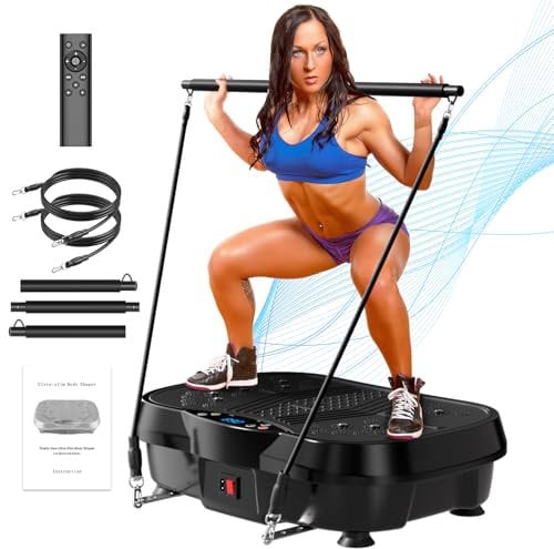 APUOCE Vibration Plate Exercise Machine - Whole Body Workout Vibration Platform Machine for Lymphatic Drainage, Home Fitness & Weight Loss w/Pilates Bar + Resistance Bands + Remote