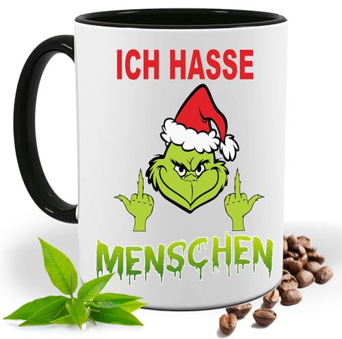 Grinch Tasse mit Lustigem Spruch, Ich hasse Menschen Mittelfinger|Geschenk Idee| Kaffee Tee Bürotasse | Fototasse, Motivtasse | Kaffeetasse, Teetasse |Keramik (Schwarz)