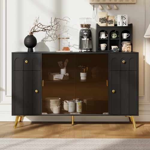 maiqiken Anrichte Modernes schwarzes Sideboard mit braunem Glas, Metallgriffen und Metallbeinen, 150 x 30 x 89,7 cm, Elegantes Design für Esszimmer/Wohnzimmer