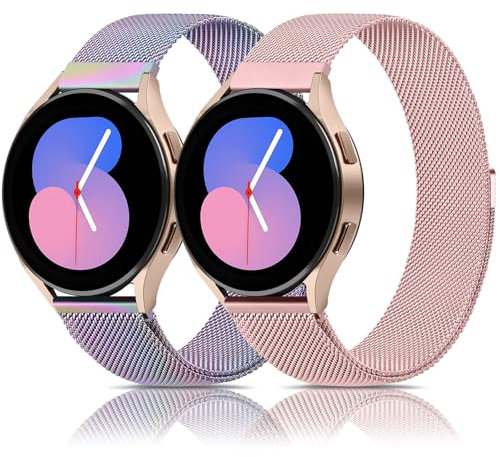 Mugust 2 Stück Armband für Samsung Galaxy Watch 4/5/6/7/FE 40mm 44mm Armband/5 Pro/4&6 Classic/Active 2/Watch 3 41mm, Metall Mesh Edelstahl Ersatzarmband (Rosa+Bunt)