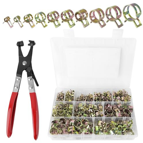 300 Pezzi Fascette Stringitubo Set, con Pinza Fascette Auto, 10 Misure da 5 a 18 mm Collari per Tubi, per Tubi Flessibili, Carburante, Silicone e Vuoto Fascetta Stringitubo (Rosso)
