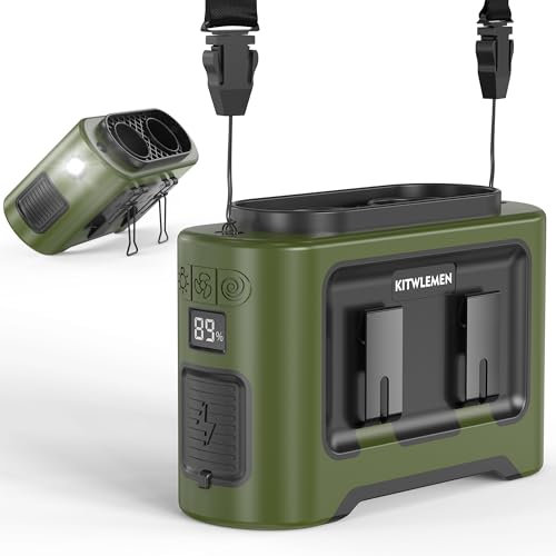 KITWLEMEN 14500mAh Portable Waist Fan - Personal Clip on Belt Fan, Dual Air Outlet, 5 Speed 35H Cooling, Rechargeable Battery Operated, Wearable with Lanyard & Light for Camping, Travel, Jobsite