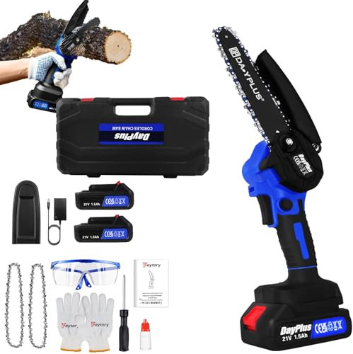 Akku Kettensäge 21V, 6 Zoll Blau Mini Kettensäge mit 2 Akkus, 2 Kette, Kettensäge Elektrisch Handsäge Einhand Handkettensäge mit Sicherheitsschloss für Gartenarbeit Baumbeschneidung Holzschneiden