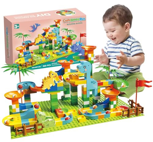 Murmelbahn Spielzeug Bausteine Set,260pcs Dinosaurier Kleine Bausteine Kugelbahn,Interaktives Murmeln Spiel Rennbahn für Jungen Mädchen,Lernspielzeug Geschenk für Kinder 3 4 5 6 Jahre