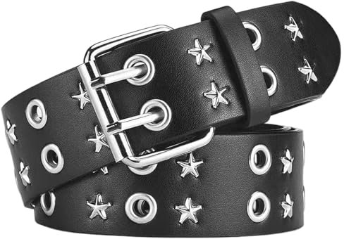 NUREINSS Punk Gürtel Unisex | Doppelloch-Design mit Sternenmuster, Edelstahl-Schnalle (3.8cm) | Für Streetwear, Rock-Outfits & Gothic-Mode | Kunstleder für Jeans/Kleider/Partys