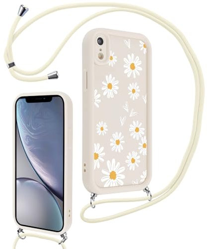 Vxinvnoi Handykette Handyhülle für iPhone XR 6,1 Hülle mit Band, Aesthetic Muster Blumen Case mit Kordel zum Umhängen, Weich TPU Bumper Dünn Silikon Stoßfest Schutzhülle Cover für iPhone XR, Beige