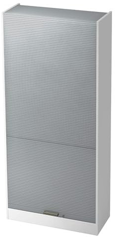 bümö Rollladenschrank in Weiß/Silber mit Streifengriff - Vertikal Jalousieschrank 90 cm breit, Aktenschrank abschließbar, Büroschrank für Ordner & Co.
