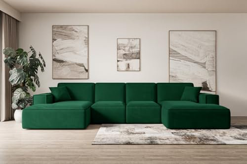 ALTDECOR Ecksofa mit Schlaffunktion und Bettkasten Corner Sofa Eckcouch Couch U-Form universal, Links/rechts angeordnet Schlafcouch Ausziehbar Wohnlandschaft Sierra-U-S - 344x165x73 cm Grün
