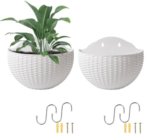 Lot de 2 Pot de Fleurs à Suspendre, Jardinière Suspendue en Imitation Rotin Semi-circulaires, Pot de Fleurs Murale avec Trou de Drainage et Crochets pour Clôture Balcon Terrasse Balustrade Jardin