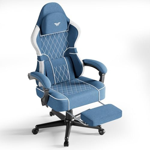 Huracan Silla Gaming con función masajeador, Silla Gamer Oficina con reposacabeza y Soporte Lumbar, sillón ergonómico Gaming con reposapiés, Respaldo Ajustable 90-160°, 150KG, algodón y Lino, Azul
