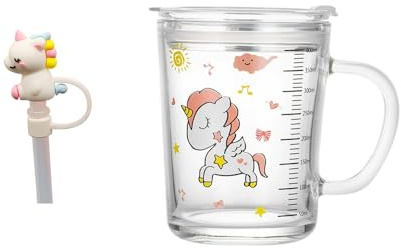 Tasse à lait avec Paille, Tasse de Lait Verre Transparent avec Paille | Tasse de Lait Résistant à la Chaleur pour café, jus de fruits, thé glacé licorn,350ml (A)