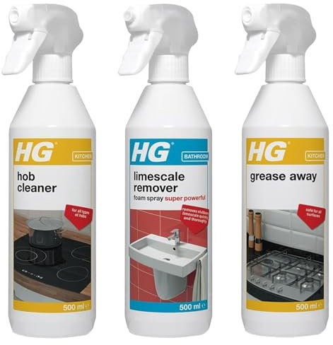 HG 3 Piece Household Cleaning Products Bundle Giftset – Scale Away Limescale Remover 3x Stronger 500ml, Ceramic Hob Cleaner, Grease Away Powerful Degreaser 500ml