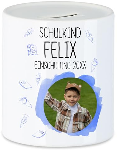 Kiddle-Design Spardose Schulkind 2026 Junge, Einschulung Schulanfang Geldgeschenk personalisiert mit Name und Foto, Einschulungsgeschenk zum 1. Schultag für Erstklässler - Sparbüchse