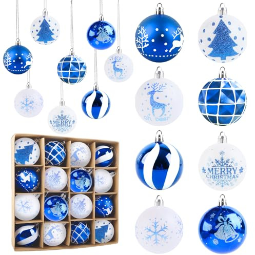 Aitsite 16 Stück Christbaumkugeln Weiß Blau, 6CM Weihnachtskugeln Kunststoff mit Aufhängen Bruchsicher Ornamente Weihnachtsbaumschmuck Weihnachtsbaum Kugeln für Weihnachtsdeko Innen Aussen