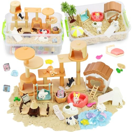 VBACALA Magic Sand Set mit 2 stöckigem Sandkasten 500g Magischer Sand,Hunde & Katzen Figuren,Sensorisches Spielzeug Set für Kinder ab 3 Jahren,Kreatives Sandspiel,Geschenk für Jungen & Mädchen