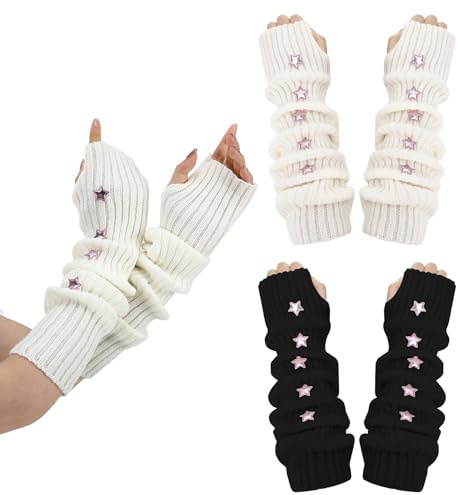 Meng Jiaran 2 Pairs Arm Warmers Y2k, Fingerless Gloves, Knitted Arm Gloves with Pink Star, Arm Sleeves for Women Girls Winter Accessories