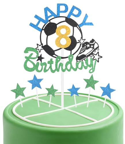 Football Happy 8th Birthday Cake Toppers for Cake,8th Birthday Decorations for Boy Girl,Personalised Cake Toppers Soccer Cake Topper Glitter Cupcake Topper for Football Themed Party Cake Decoration