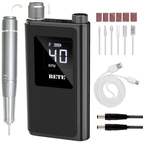 BETE Perceuse à ongles professionnelle, 40 000 tr/min kit de lime à ongles électrique sans fil avec 6 embouts, rechargeable pour vernis gel acrylique, Noir