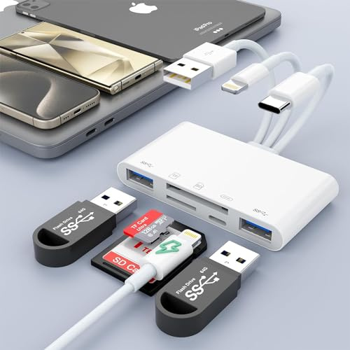 5-in-3 SD TF Memory Card Reader for iPhone iPad with USB OTG & Charging Port, [MFi Certified] High-Speed Trail Game Camera Viewer, Simultaneous Charging and Reading, SD Camera Adapter Plug and Play