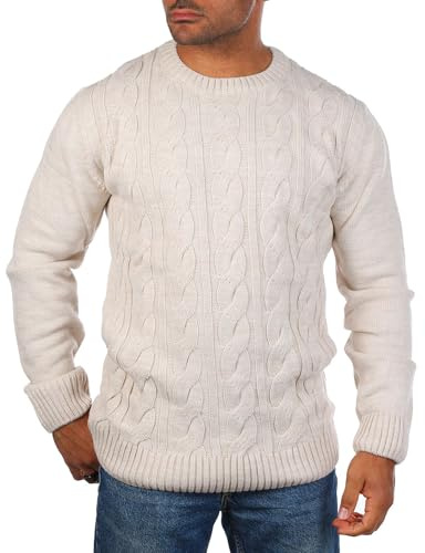 Carisma Herren Strickpullover mit Zopf Cable Strickmuster Uni Rundhals 7900