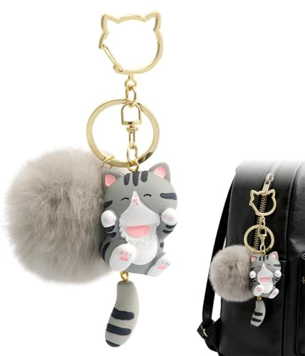 TESGADGETS Porte-clés chat Kawaii avec pompon moelleux, adorable pendentif de sac pour filles et femmes, Cadeaux d'anniversaire et décorations pour sacs à dos, Chat gris