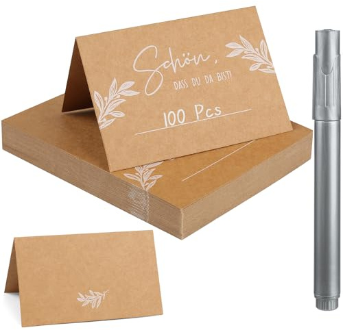 100 Stk Tischkarten Hochzeit, 110 × 170mm, Kraftpapier, mit 1 Markierstift | Platzkarten, mit Dem Schönen Aufdruck Schön Dass Du Da Bist , für Kommunion, Festival, Party, Taufe, Geburtstag