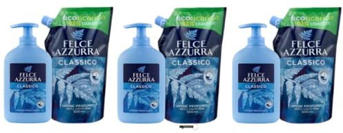 Felce Azzurra Classico Sapone Liquido Ricarica Sapone Profumato 3 x 500 ml + 3 x 300 ml + Portachiavi Italia Shop in omaggio