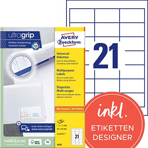 AVERY Zweckform 3670 Adressaufkleber (2.100 Klebeetiketten, 64x36mm auf A4, Papier matt, individuell bedruckbare Absenderetiketten, selbstklebende Adressetiketten mit ultragrip) 100 Blatt, weiß