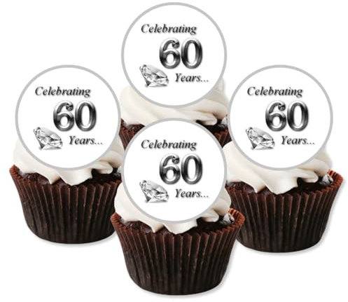 60th Diamond Wedding Anniversary Cupcake Toppers – 24 x 4cm/1.5 Inch Round Edible Decorations for Cakes, Parties & Celebrations – Uncut Wafer Discs