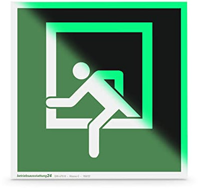 Betriebsausstattung24 Notausstieg Schild - Aluminium - langnachleuchtend - 20 x 20 cm - Symbol Schild - DIN 67510 Klasse C - Leuchtdichte 150 mcd - Fluchtwegschild