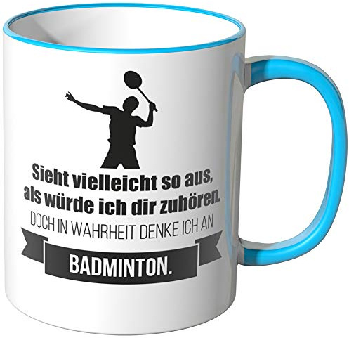 JUNIWORDS Tasse - Ich denke an Badminton - Wähle Motiv & Farbe - Blau