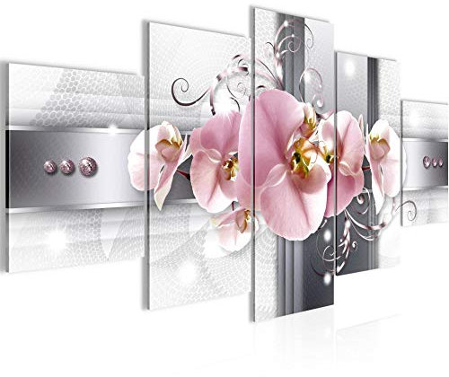 Runa Art Bild Wohnzimmer Schlafzimmer Blumen Orchidee 5 Teilig Abstrakt Grau Rosa Wandbilder auf Vlies Leinwand 008353a