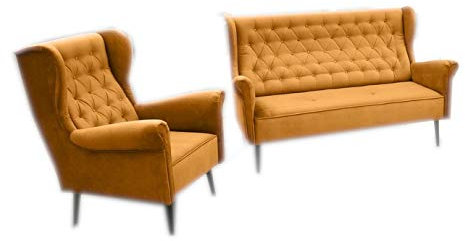 MOEBLO Polstergarnitur Ohrensofa 3 Sitzer Sessel Sofa Couch Garnitur Stoff Samt (Velour) Glamour Wohnlandschaft Chesterfield - Velo (Gold)
