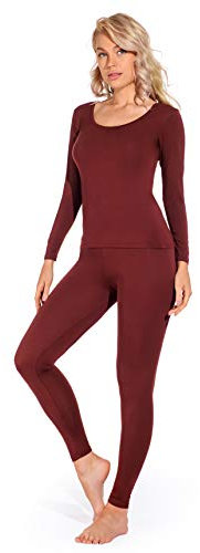 Liang Rou Women's Crew Neck Top & Bottom Ultra Thin Thermal Underwear Set Dark Rosewood Small