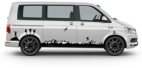 Berg-Landschaft-Set Aufkleber - Seiten-Streifen Set/Dekor passend für VW T4, T5, T6 in Wunschfarbe (196 Graphite, Kurzer Radstand)