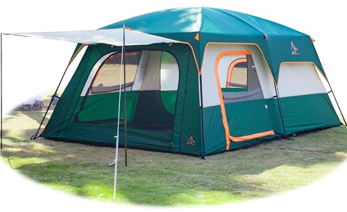 KTT Extra Large Tent 12 Person(A),Family Cabin Tents,2 Rooms,3 Doors and 3 Windows with Mesh,Straight Wall,Waterproof,Double Layer,Big Tent for Outdoor,Picnic,Camping,Family Gathering(Green)