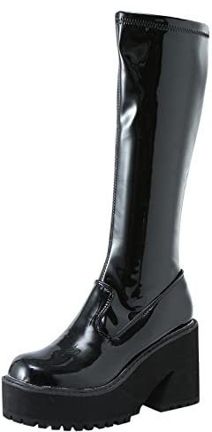 Xmiral Stivali Donne Neve Invernali Stivali Donna con Tacco Stivali Alti con Zeppa Stivali Stringati Casual Mid-Tube Lace-Up High-Top Platform Stivali da cavaliere (42,nero)