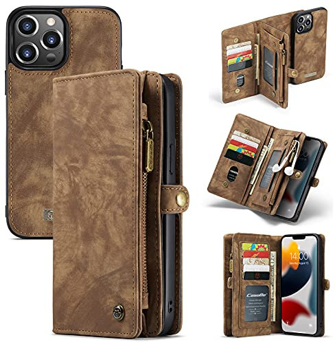 caseme Portefeuille Coque pour iPhone 13 Pro, Amovible Étuis Antichoc Retourner Rabat Housses avec Fente pour Carte Et Aimant d'origine (13 Pro, Brown)