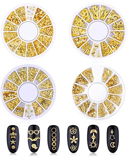 Metal Nail Studs, Silver Rose Gold Metal Nail Studs, Rose Star Moon Feather Nail Charm Kit, Heart Triangle Square Rivet Gems 3D Nail Art Jewelry Decoration DIY Decoration (4 Boxes)