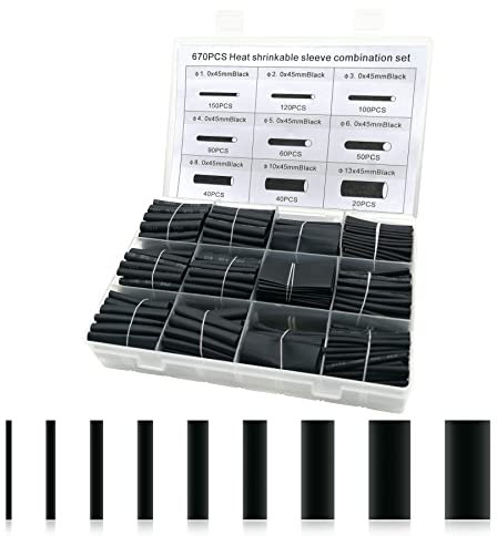 Heat Shrink Tubing Kit, 670pcs Shrink Ratio 2:1 Electrical Wire Cable Wrap Sleeving Tube kit for Wires Repairs, Soldering, Automotive Wiring (Black)