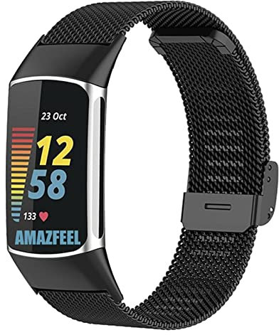 YOOSIDE Metall Armband für Fitbit Charge 6 / Charge 5, Edelstahl Masche Ersatzarmband Kompatibel mit Fitbit Charge 5 für Damen und Herren(Schwarz)