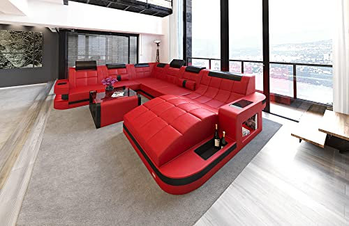 Wohnlandschaft Wave XXL Sofa U Form in Leder - mit LED Beleuchtung, verstellbare Kopfstützen, Recamiere/Lederfarben wählbar/Ausrichtung wählbar (Ottomane rechts, Rot-Schwarz)