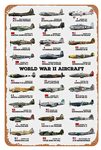 Retro Fighter Poster Metal Tin Sign World War II Aircraft Military Fans Poster Vintage Metal Plaque Wall Decor Gift For Bathroom Restaurant Farm Bedroom Cafe School 12x16 Inch