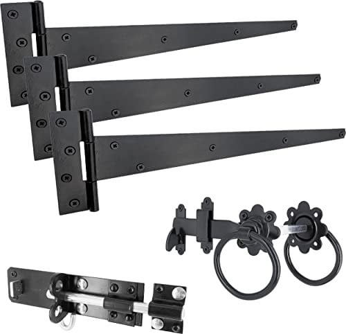 IRONTITE® Black Gate Latch Kit with 450mm (18) T Hinges and Brenton Bolt. Garden Gate Kit Includes Garden Gate Hinges for Wooden Gates, Brenton Garden Gate Bolt, and Ring Gate Latch.